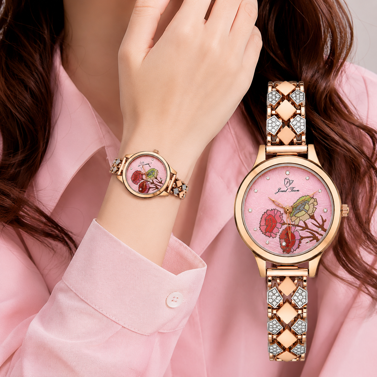 Jewel Time Artistic Floral Dial Diamond-Accent Ladies Wristwatch