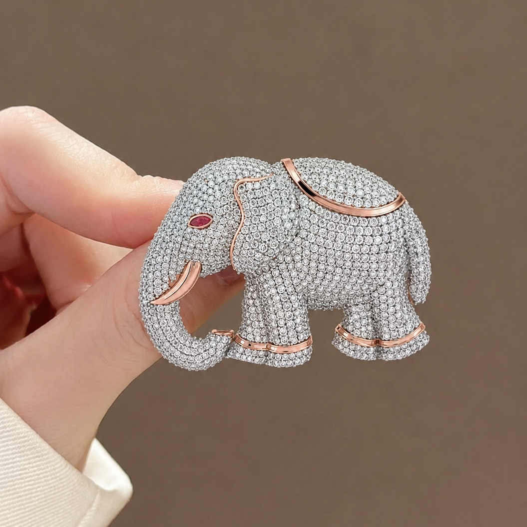 Majestic Pave Diamond Elephant Brooch
