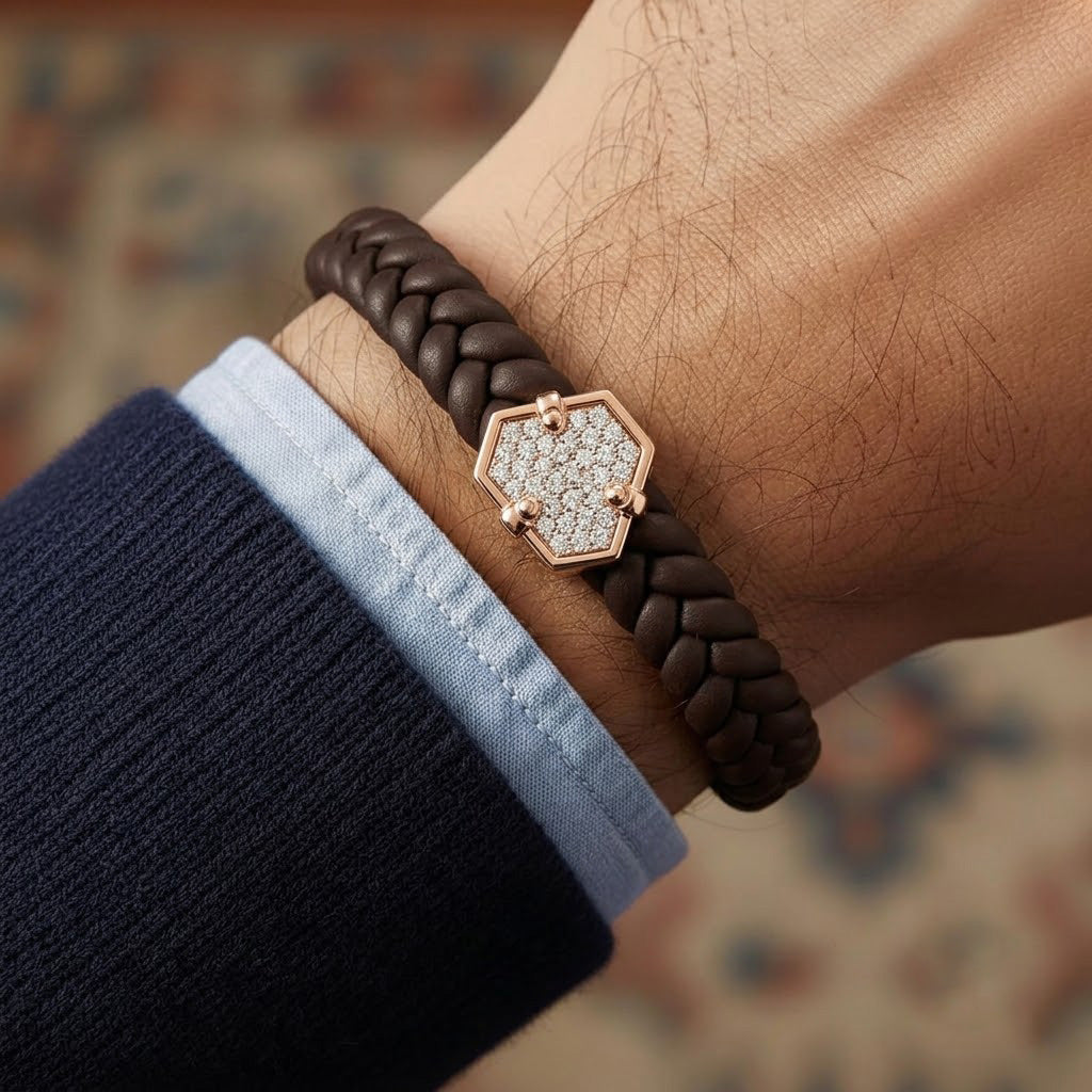 Elegant Hexagonal Stone-Studded Leather Bracelet